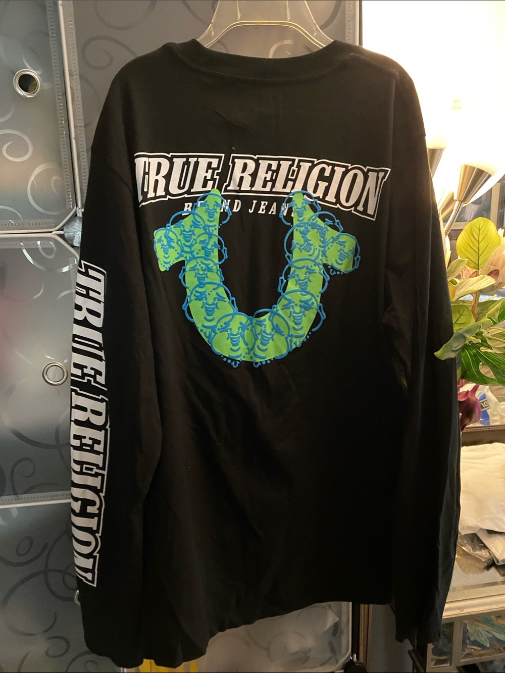 NWOT, True Religion Men's Black Long-Sleeve Logo Tee with Neon Graphic